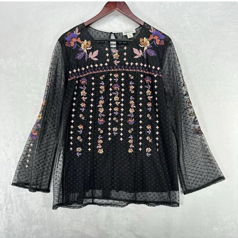 Style & Co Black Embroidered Mesh Whimsy Goth Fall Leaf Purple SZ M Boho